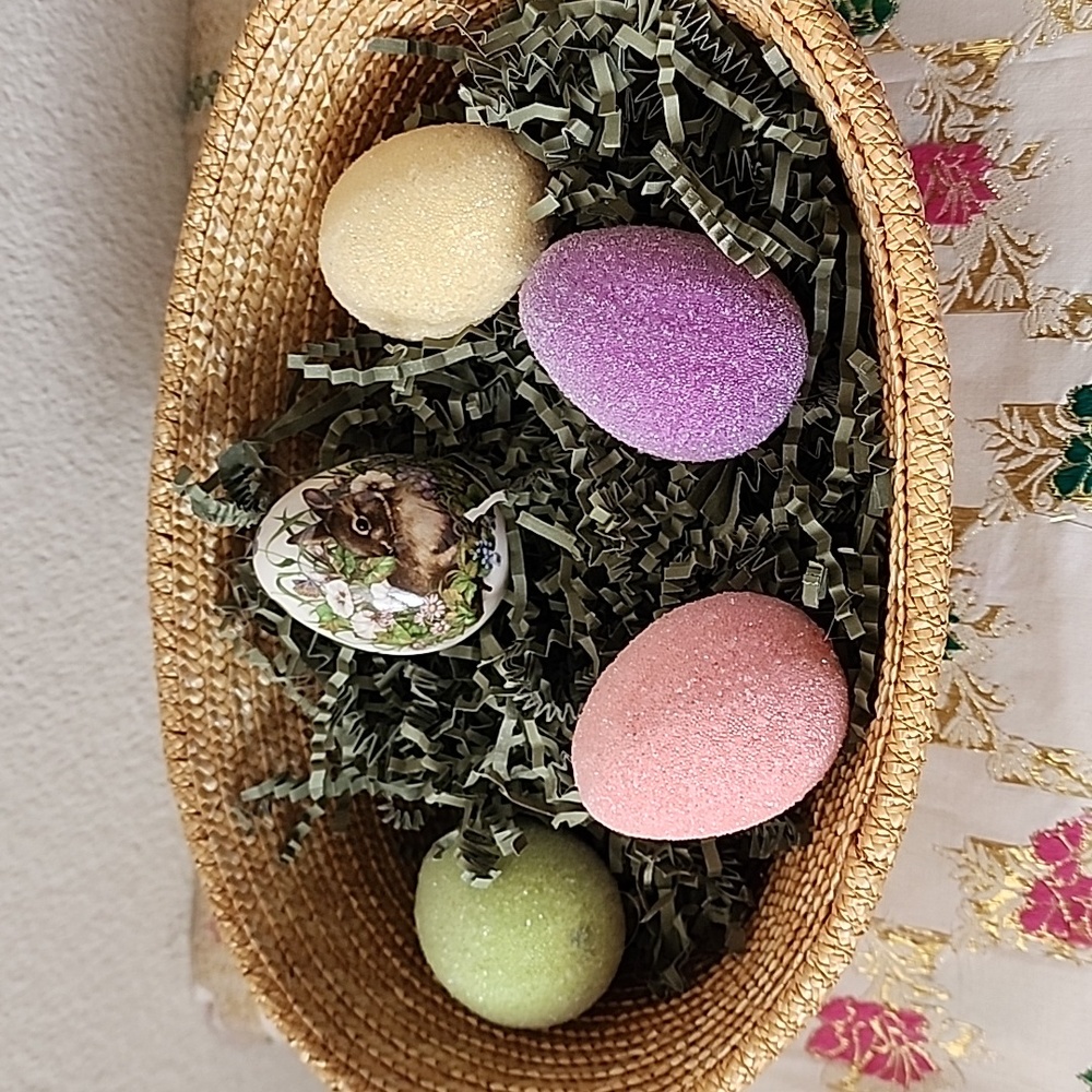 Wicker Basket with Pastel Easter Eggs